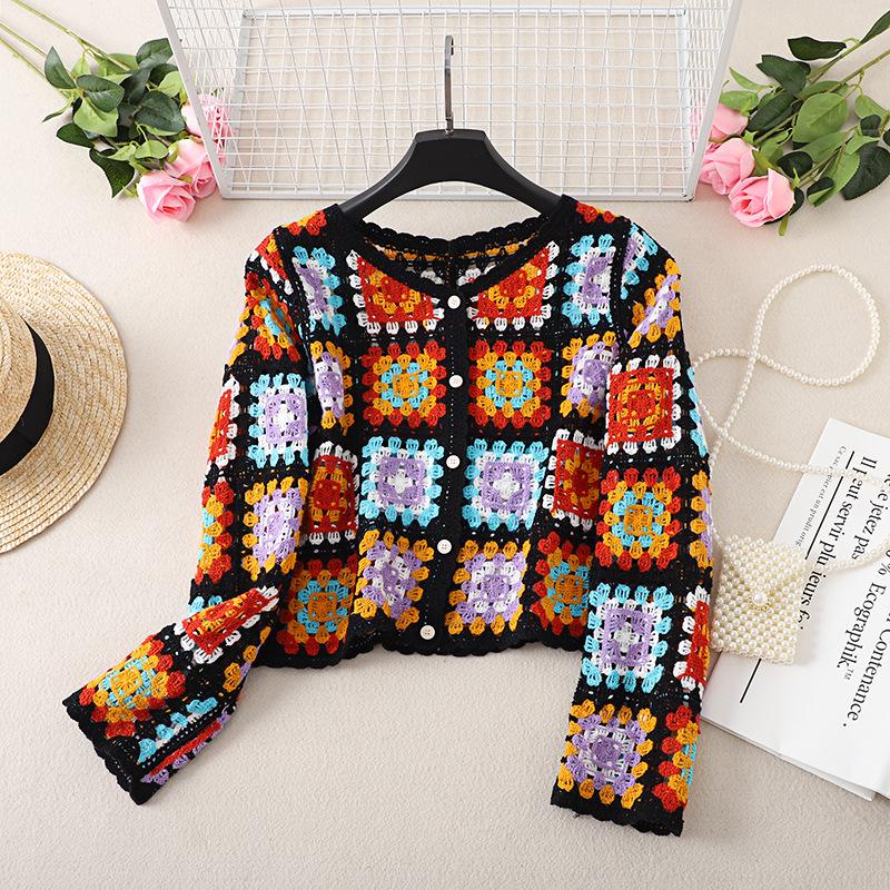 Retro Chic V-Neck Crochet Cardigan - Women's Lightweight Long Sleeve Summer Top