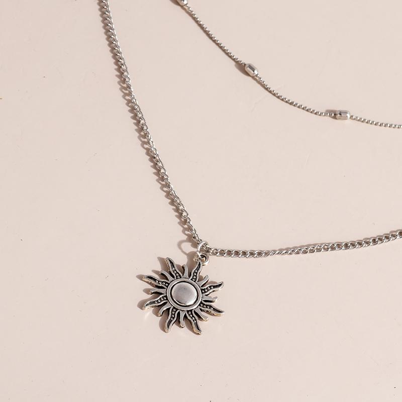 Vintage Silver Color Sun Pendants Necklaces for Women Korean Simple Style Multi-Layer Beads Chain Necklace Fashion Party Jewelry