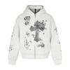 Unisex Oversized Hooded Zip-Up Sweatshirt With Cross Print Cotton Long Sleeve Casual Top Fall