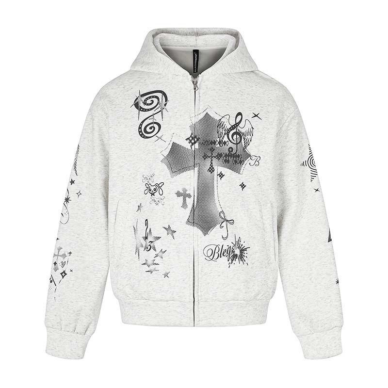Unisex Oversized Hooded Zip-Up Sweatshirt With Cross Print Cotton Long Sleeve Casual Top Fall