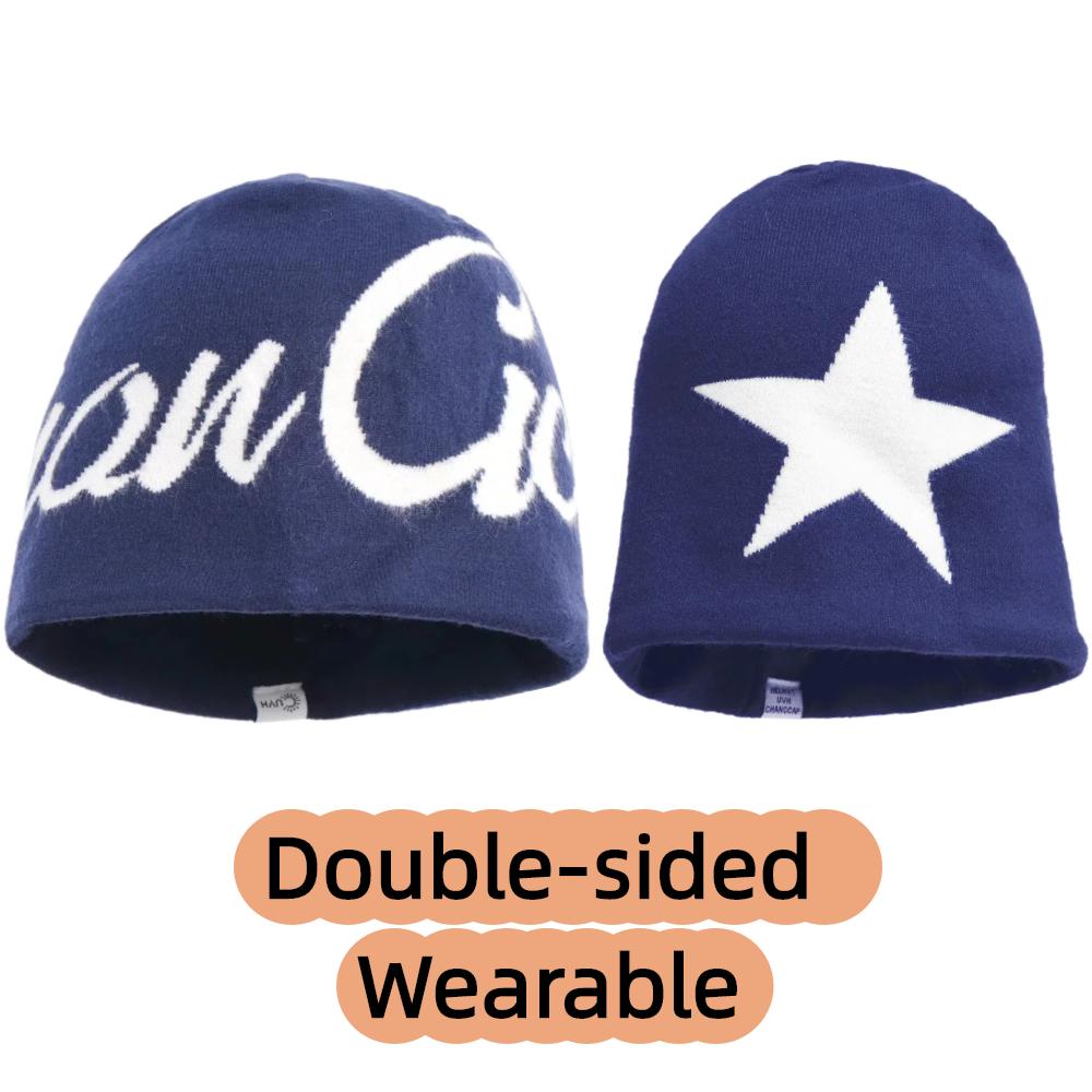 

Fashion Letter Print Women Winter Beanie Hat Couple Reversible Warm Soft Cap Windproof Hats For Women Outdoor Winter Knitted Hats 55cm-58cm темно-синий