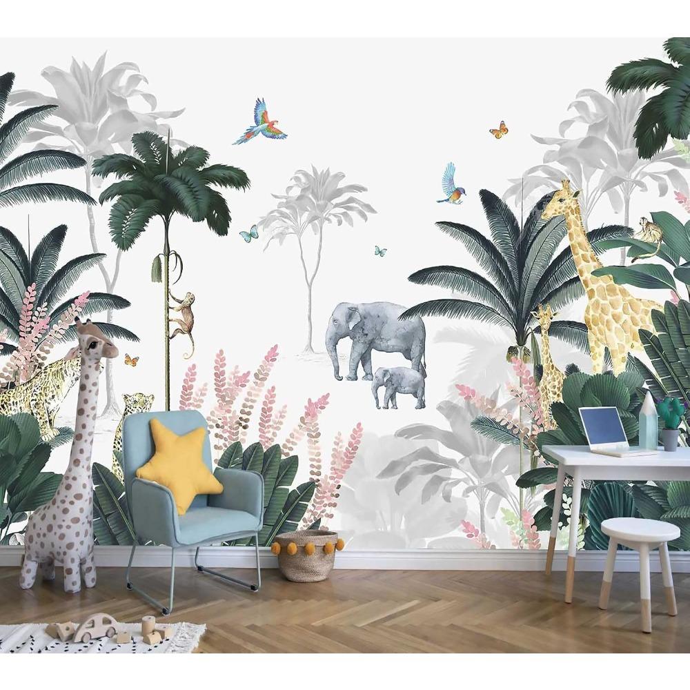 Jungle Animal Wall Mural Tropical Palm Tree Wallpaper for Room Decor