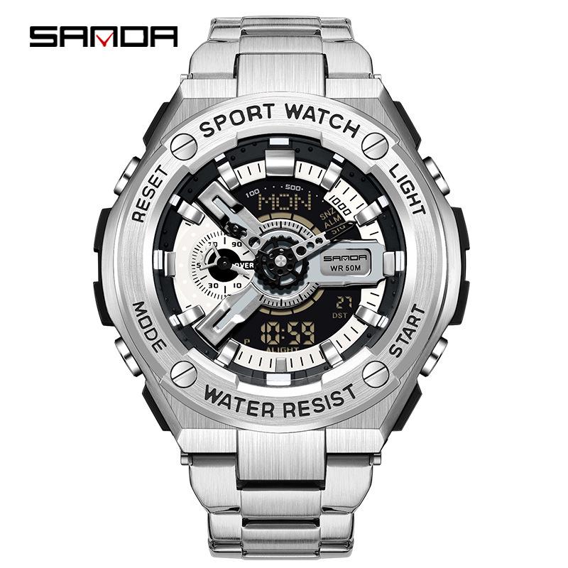 Sanda Men s Luminous Waterproof Korean Style Electronic Watch with Alarm and Steel Band