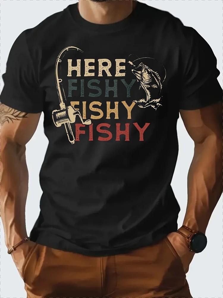 

Men s Retro Fishing Graphic T-Shirt - Here Fishy Fishy Print, 100% Cotton 2XL