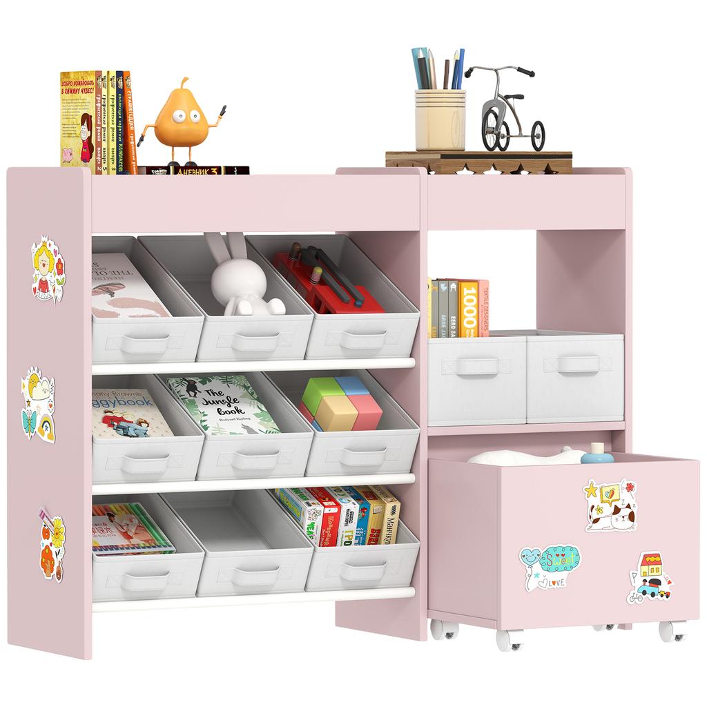 Kids Toy Storage Unit with 11 Bins, Cabinet, Top Shelves, 3 Stickers, for Nursery, Playroom, Pink