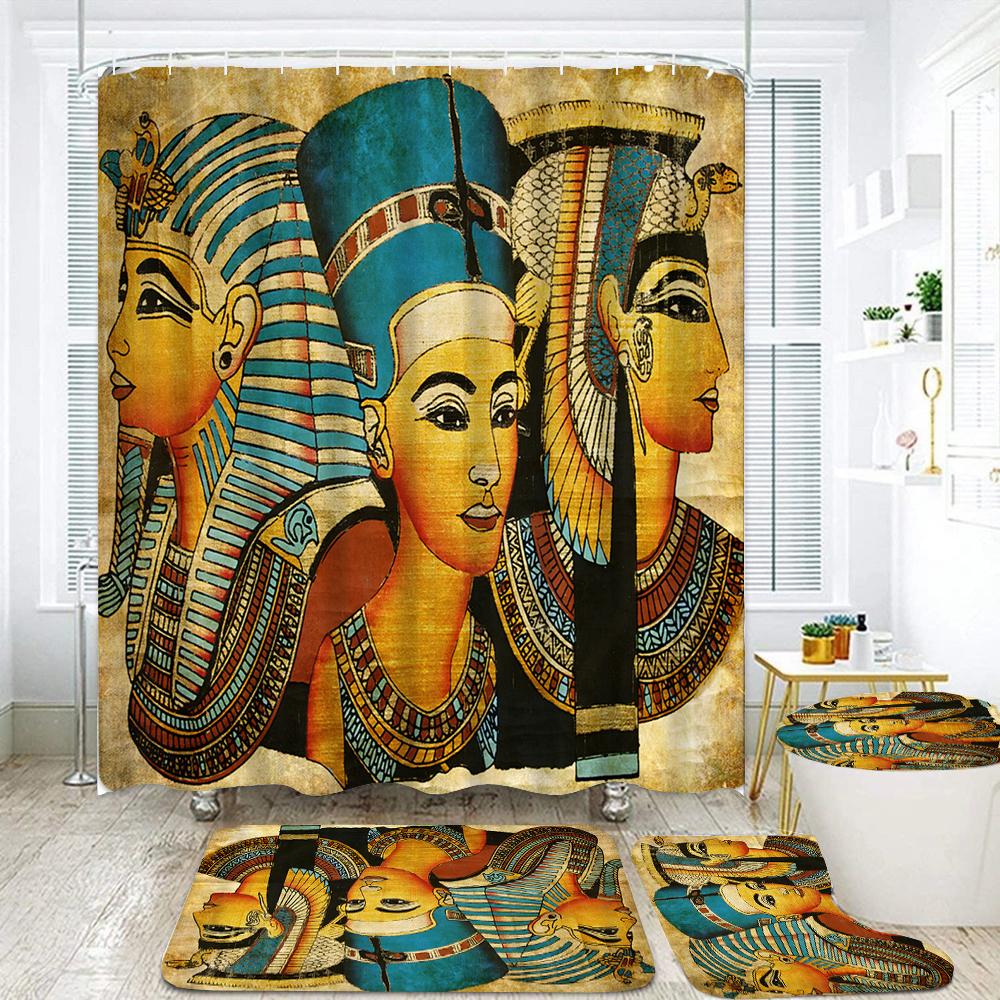 

Retro Style Egyptian Pharaohs Printed Shower Curtain Waterproof Bathroom Curtains Home Decoration Non-Slip Rugs Bath Mat Set W60H190(CM)-1 Pcs