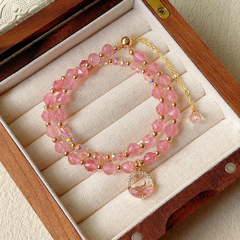 Natural, strawberry crystal cut surface multi-layer two circles, bracelet bracelet jewelry