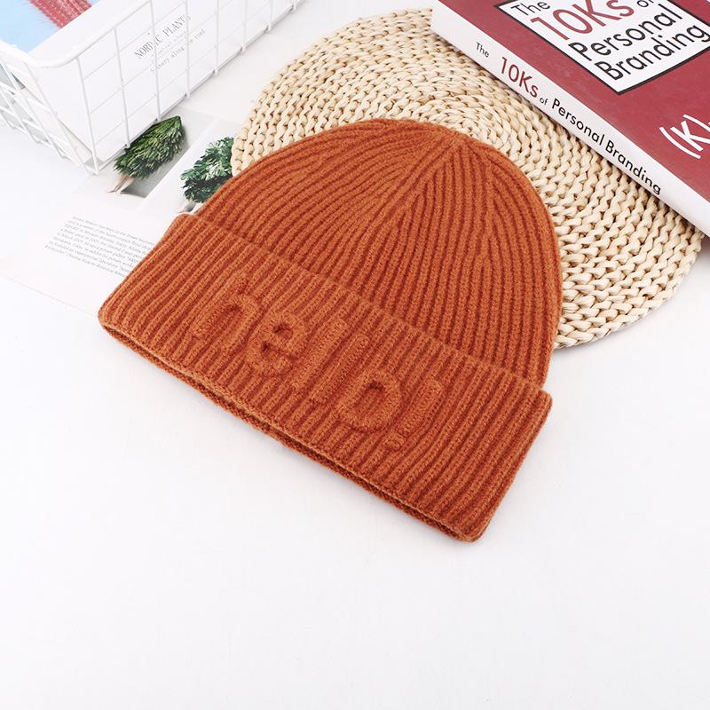 Korean Style Fashion Letter Printed Wool Hat for Women In Autumn and Winter Warm Pullover Cold Hat Showing Face Small Ear Protection Knit Hat Trendy