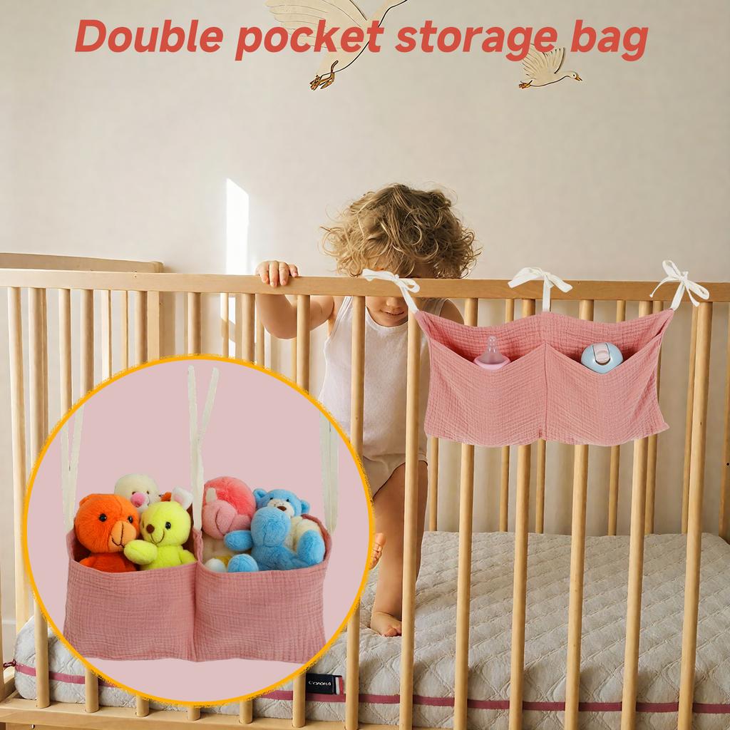 Baby Bedside Hanging Storage Bag Cotton 2 Pocket Baby Crib Organizer Soft Cribs Diaper Storage Bag for Teething Rings Wipes Toy
