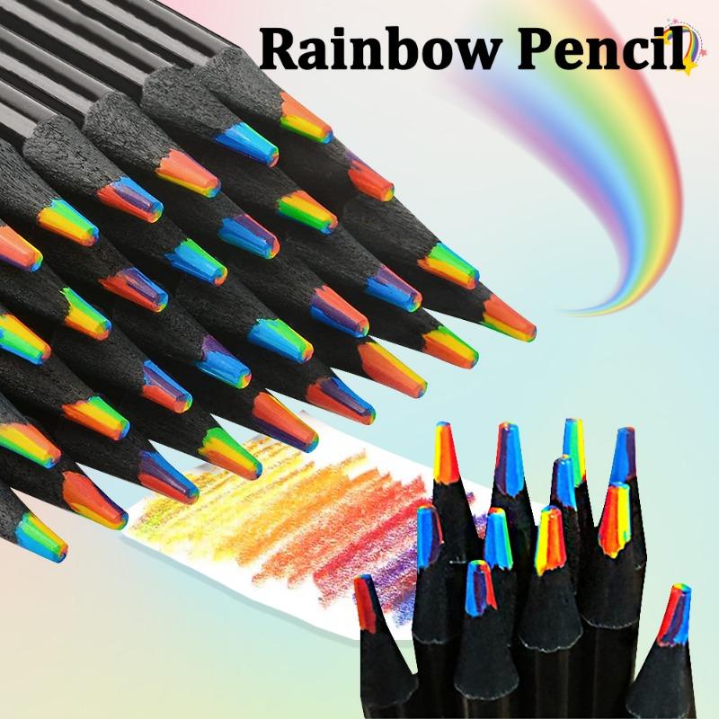 10PcsBlack Wooden Rainbow Drawing Pencil 7-Color Sketching Pencils School Stationery Artist Student DIY Painting Supplies