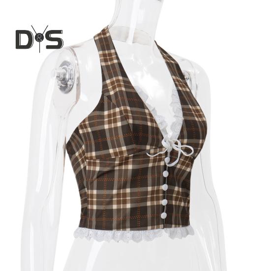 Sexy vesta Halter Šněrovací topy bez rukávů s odhalenými zády a kostkovaným vzorem s krajkovou dekorací Slim Fit Topy ve francouzském stylu