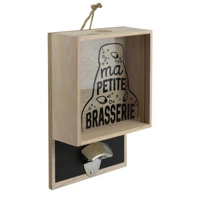 [A2268] - Duvar tipi ahşap şişe açacağı 'Ma Petite Brasserie' bej siyah - 26x18x7 cm