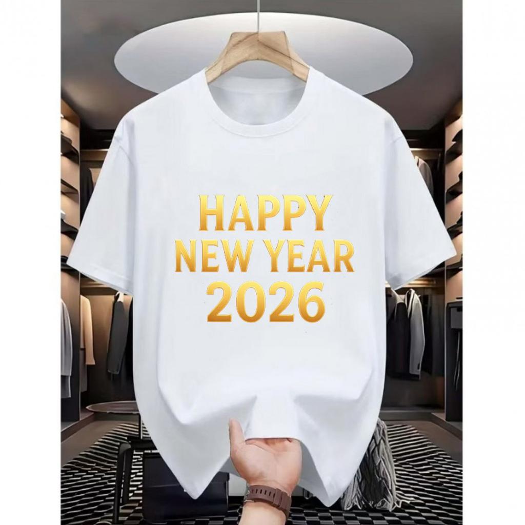 Happy New Year 2026 Graphic Tee Mens Casual Cotton Short Sleeve TShirt Round Neck Breathable Holiday Print Tee