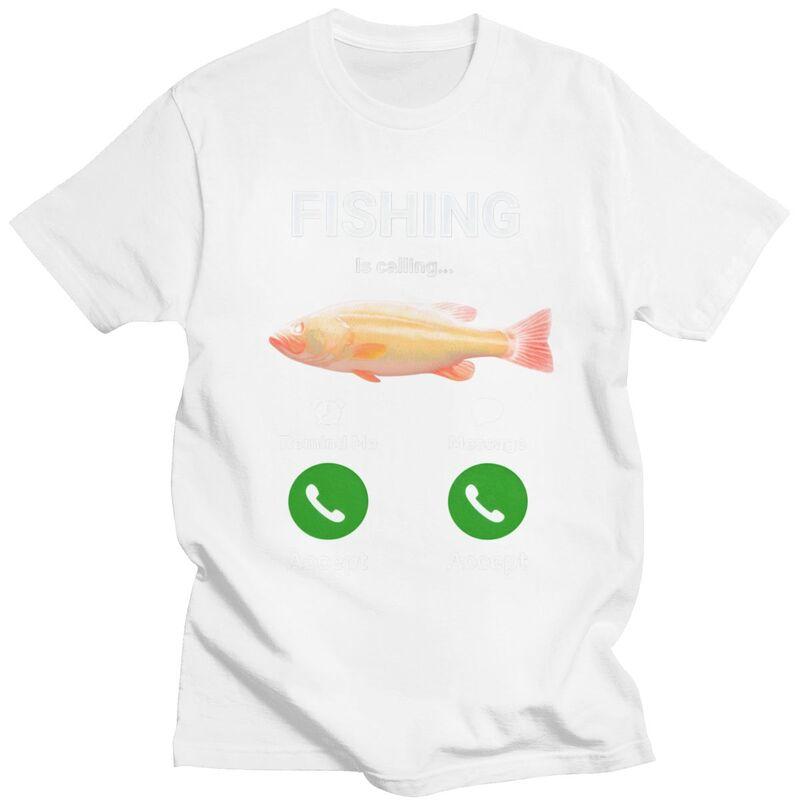 Cool Fishing Is Calling T Shirt Men 100 Cotton Tshirt Angler Fishman Lover Tee Tops Fashion Tshirt For Husband Boyfriend