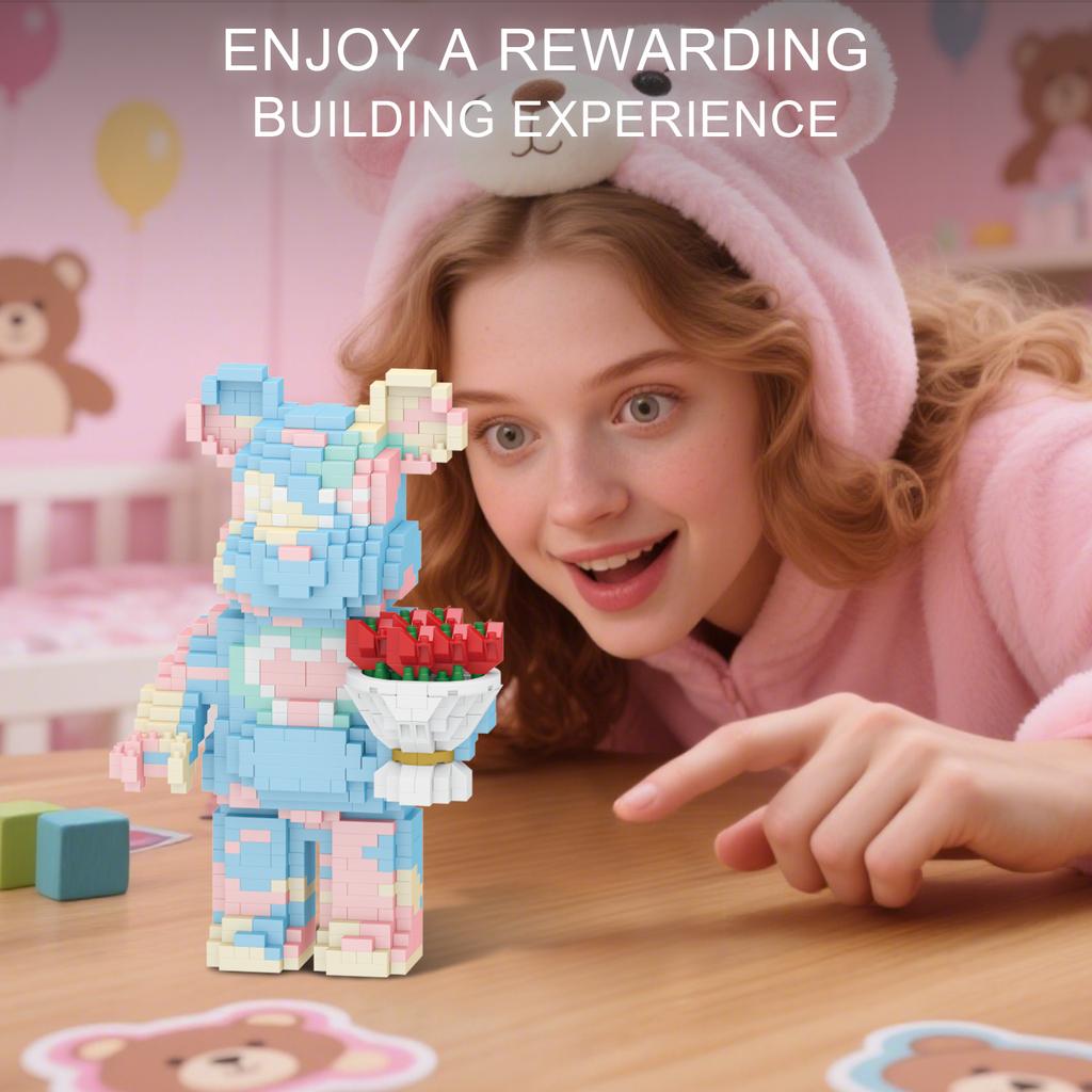 Animal Handheld Flower Pink Bear Micro Building Blocks Set1090PCS5.9in High SeriesGifts for Collectors and Enthusiasts