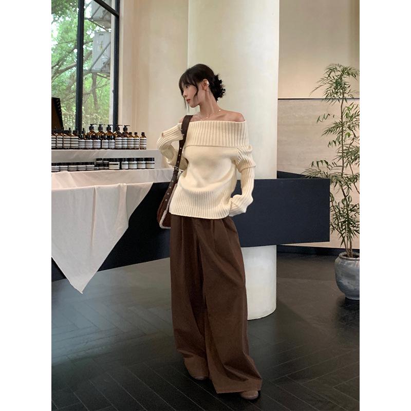 Женский осенний сладкий и пряный абрикосовый одноплечий облегающий вязаный свитер, корейский стиль, с длинным рукавом L