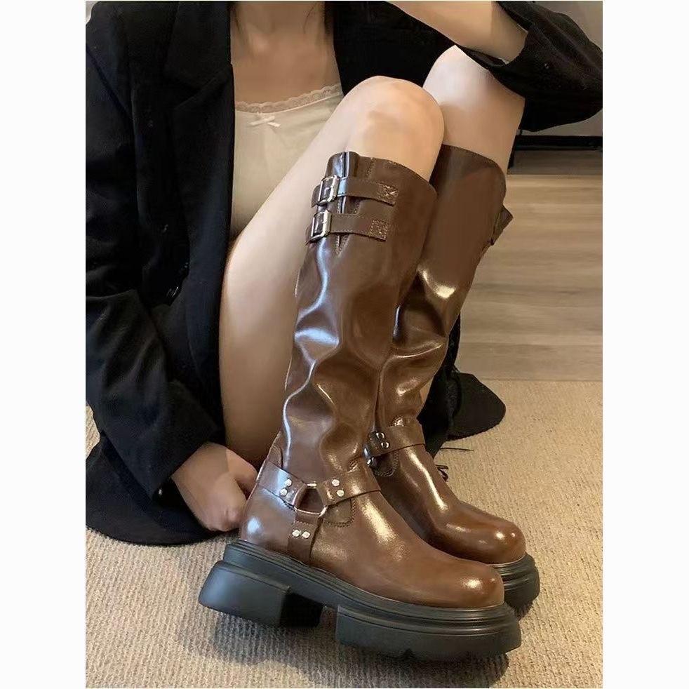 

Long Boots Women New Retro Brown Western Cowboy Boots Belt Buckle Thick-Soled High-soled Knight Boot Locomotive Boot Women 40 коричневий
