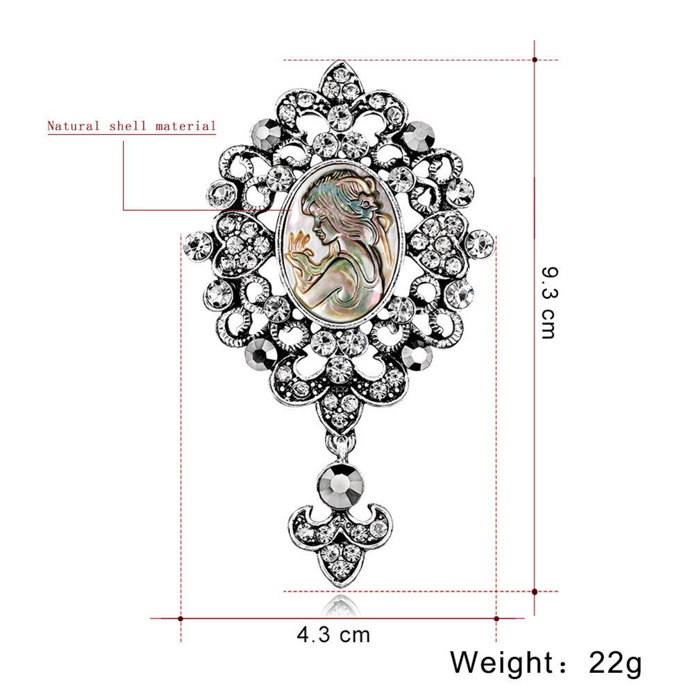 Women Alloy Brooch Fashionable Retro Breastpin Shell Beauty Head Crystal Inlaid Dress Accessories for Ladies