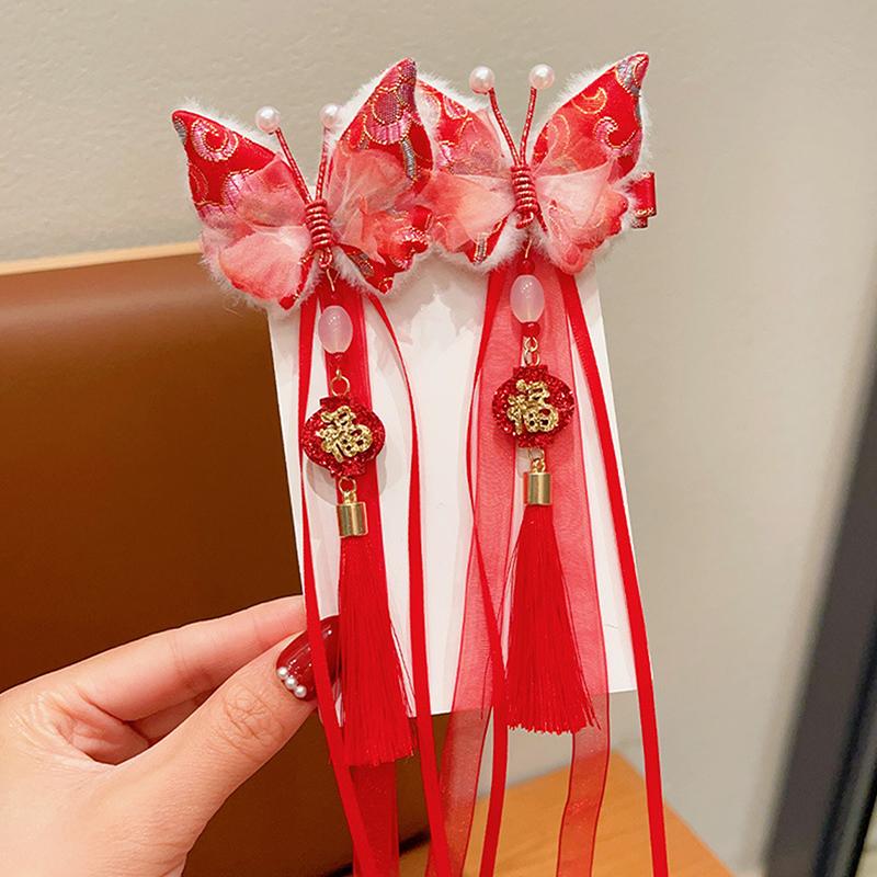 1pár děti rok Červená mašle Sponky do vlasů Kawaii Vlasové doplňky Motýlí střapce Spona do vlasů Všestranná spona do vlasů ve starověkém stylu