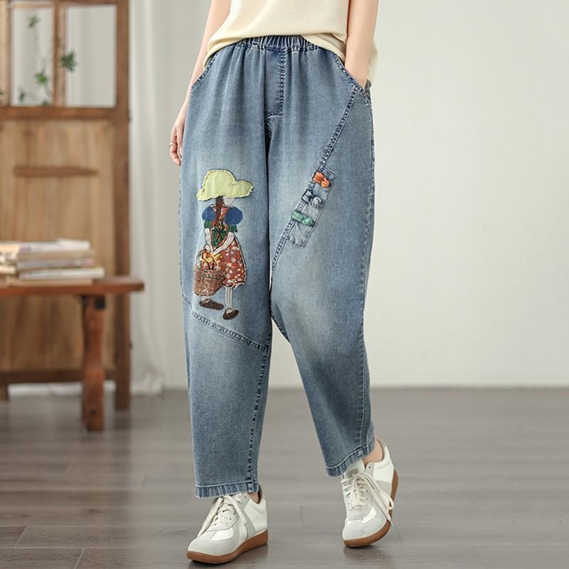 Taglie forti Vintage ricamo vita alta casual larghi Donna Primavera estate autunno jeans denim Pantaloni Harem