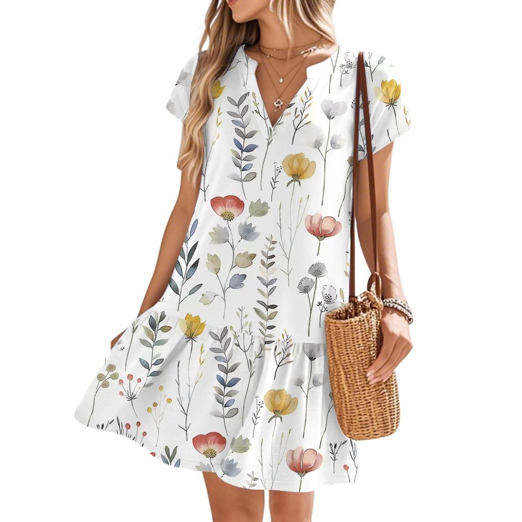 Women's Dresses Short Sleeve V-Neck Floral Printed Loose Casual Temperament Beach Dresses