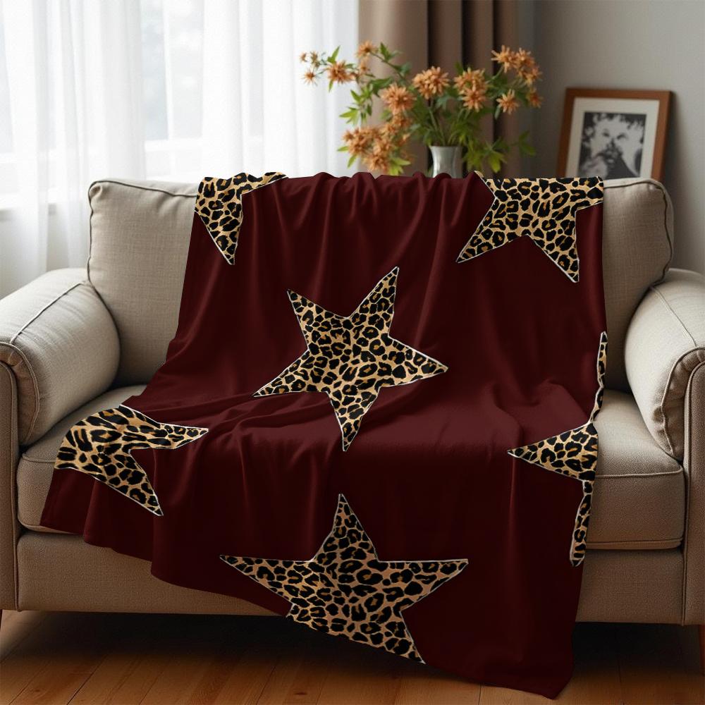 Burgundy Leopard Star Motif Soft Flannel Blanket Breathable Warm Throw for Office Car Sofa Kids Room Birthday Xmas Gift