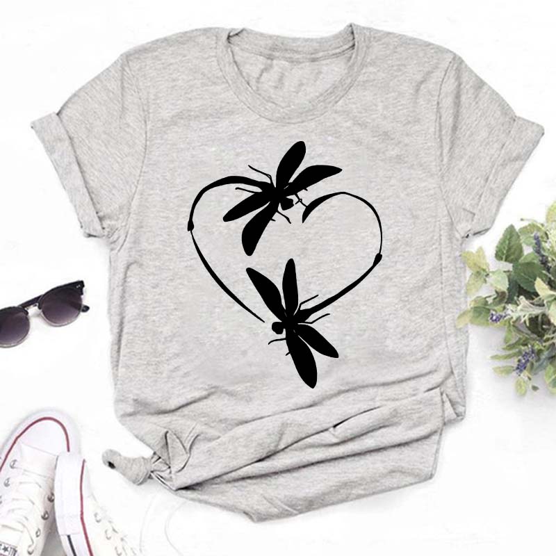 New Love Heart Dragonfly Print Women T-Shirt Fashion Casual Short Sleeves Ladies O-Collar T Shirts Streetwear Graphic Print Tops