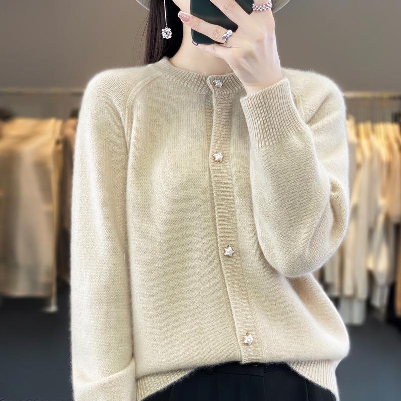 2023 Fall/Winter Women's Wool Cardigan: Stylish Round Neck, Loose Fit, Versatile Knitwear, Long Sleeve Sweater
