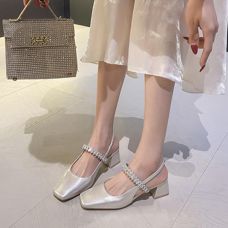 Silver rhinestone chain with bag head sandals women's square head sheepskin Mary Jane shoes thick heel single shoes