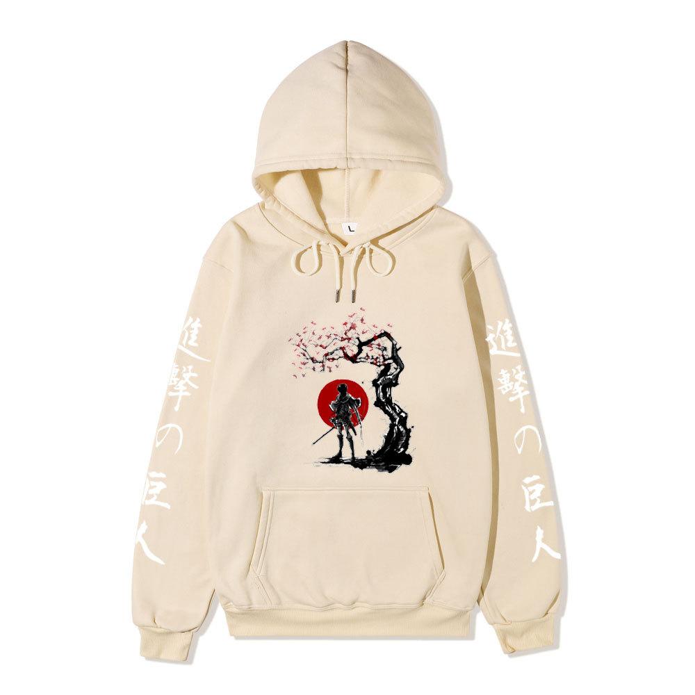 Attack On Titan Samurai Sakura Sun Design Unisex Fleece Hoodie Vertical Japanese Kanji Sleeve Anime Long Sleeve Pullover Sweatshirt