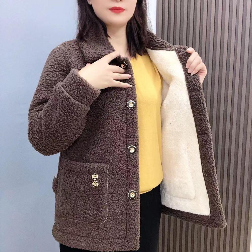 Women's Medium Long Lambswool Coat with Fur, Plus Velvet, for Autumn and Winter