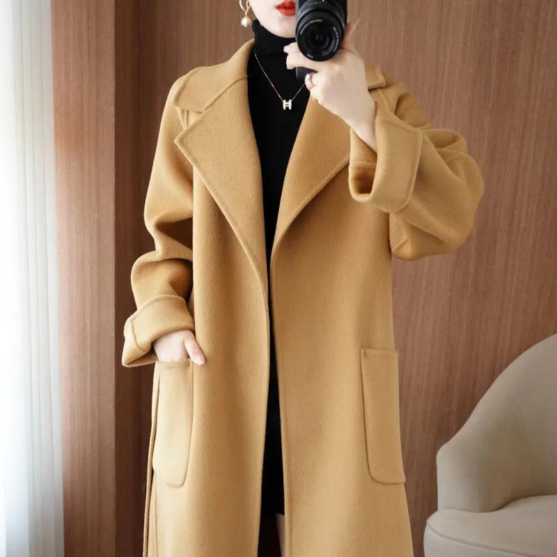 Wool Coat Women's Wear Autumn/Winter Temperament Double Sided Cashmere Coats with Belt Elegant Long Overcoat