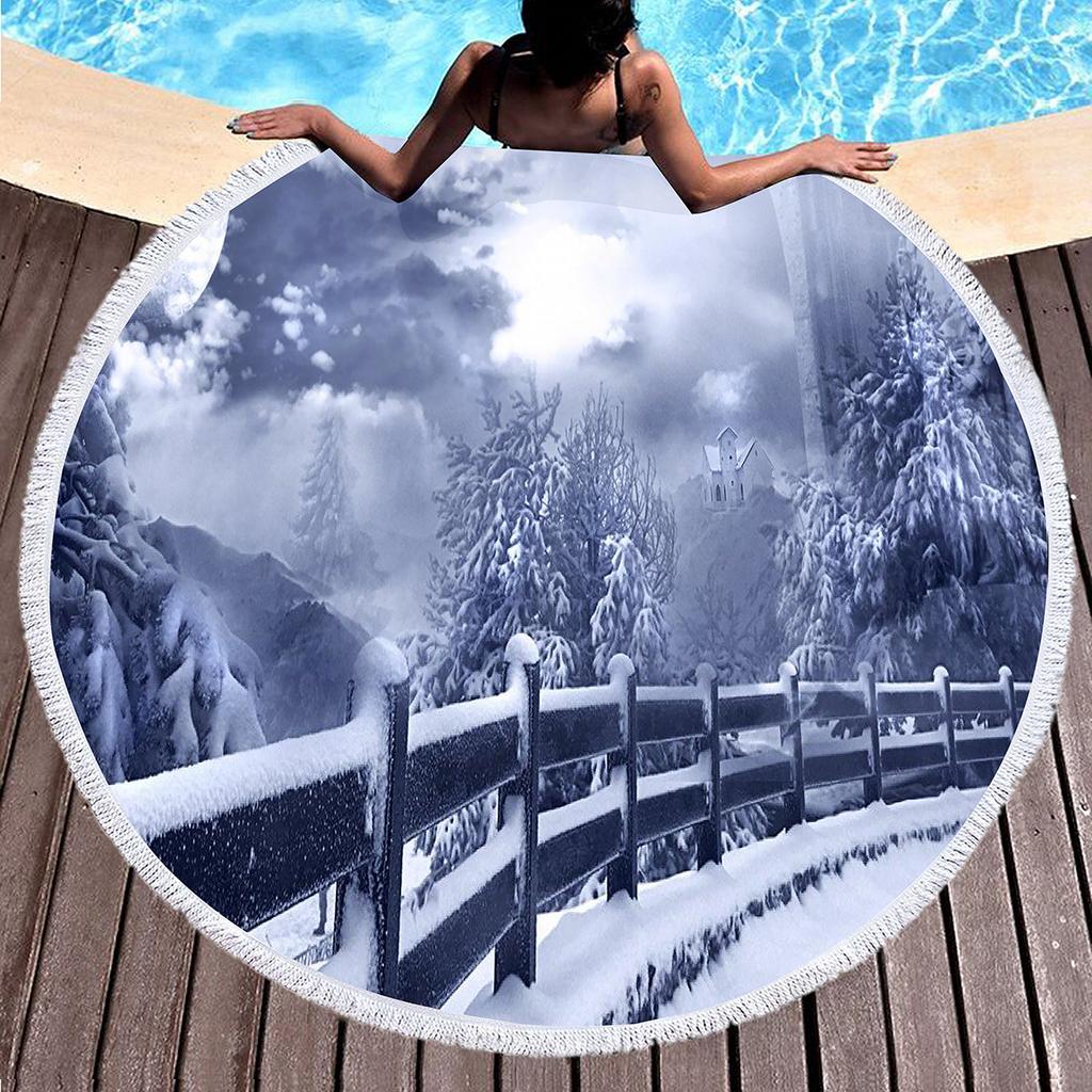 Winter Snow Scene Fantasy Tree Round Beach Towel Polyester Sand Resistant Shawl Beach Blankets, Quick Dry Pool Towels Picnic Mat