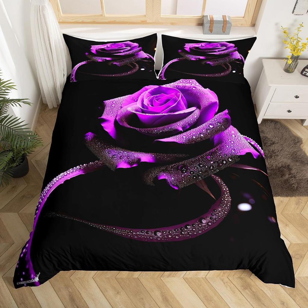 Purple Rose Duvet Set Romantic Flower Bedding Flower Three-Piece Valentine'S Day Couple Gift