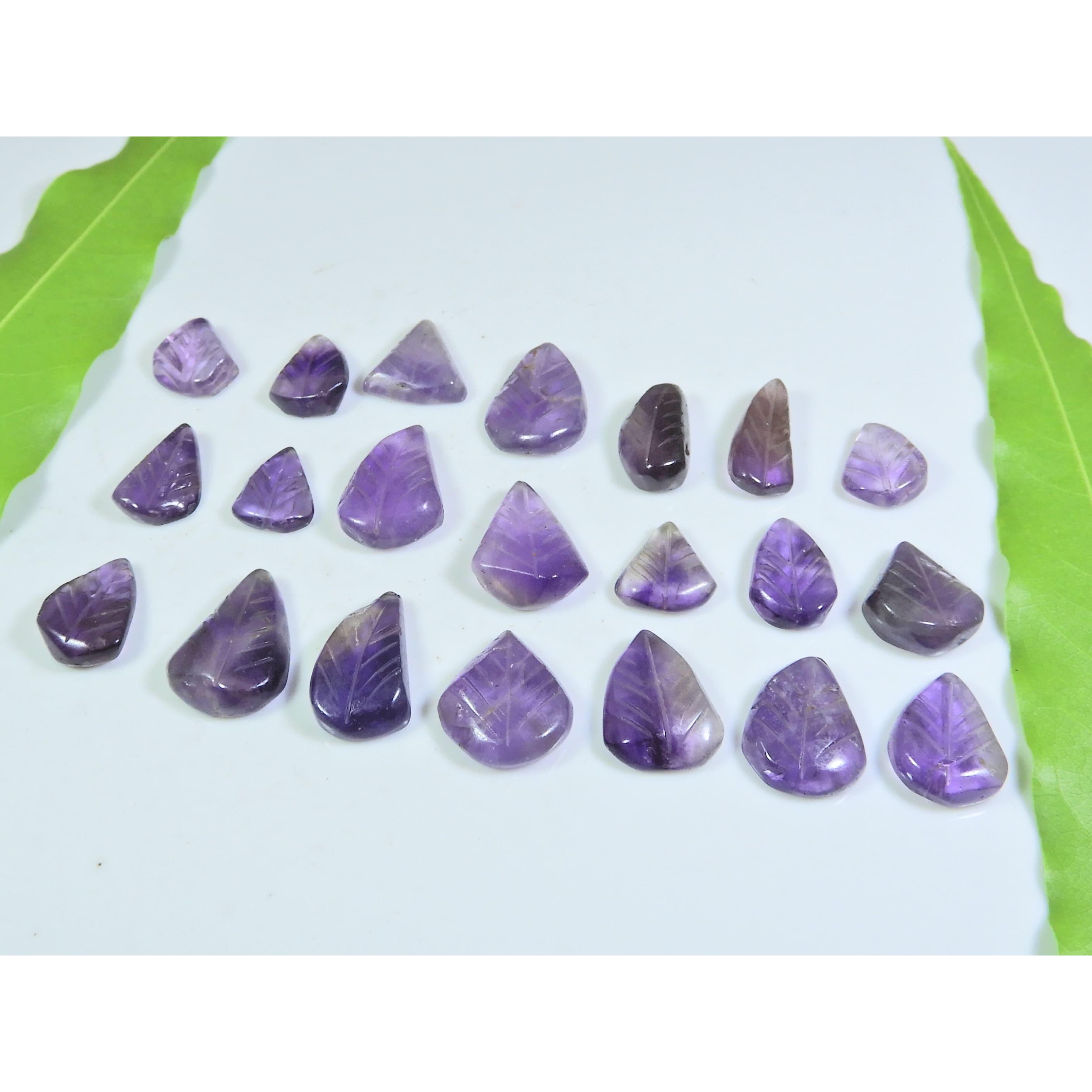 

95Cts. Natural Amethyst Leaf Carving Pear Cabochon Loose Gemstone 21Pcs Lot A-545