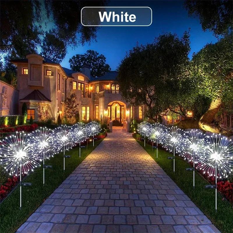 60/90/150/200 LED Solar Fireworks Lights Outdoor Decorative Multicolor Starburst Waterproof Lamps with 8 Modes for Garden Path