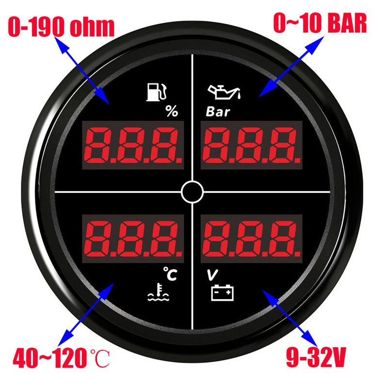 ZMFJH 8 Color LED Multifunctional 52mm Fuel Level Gauge+Oil Pressure+Water Temperature+Voltmeter with Sensor 0-190ohm 100-600mm