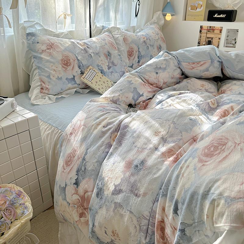 Ins Style French Romance Rose Flowers Bedding Set Washed Cotton 4pcs Bed Sheet Set Duvet Cover Set For Girl Bedding Decor Home