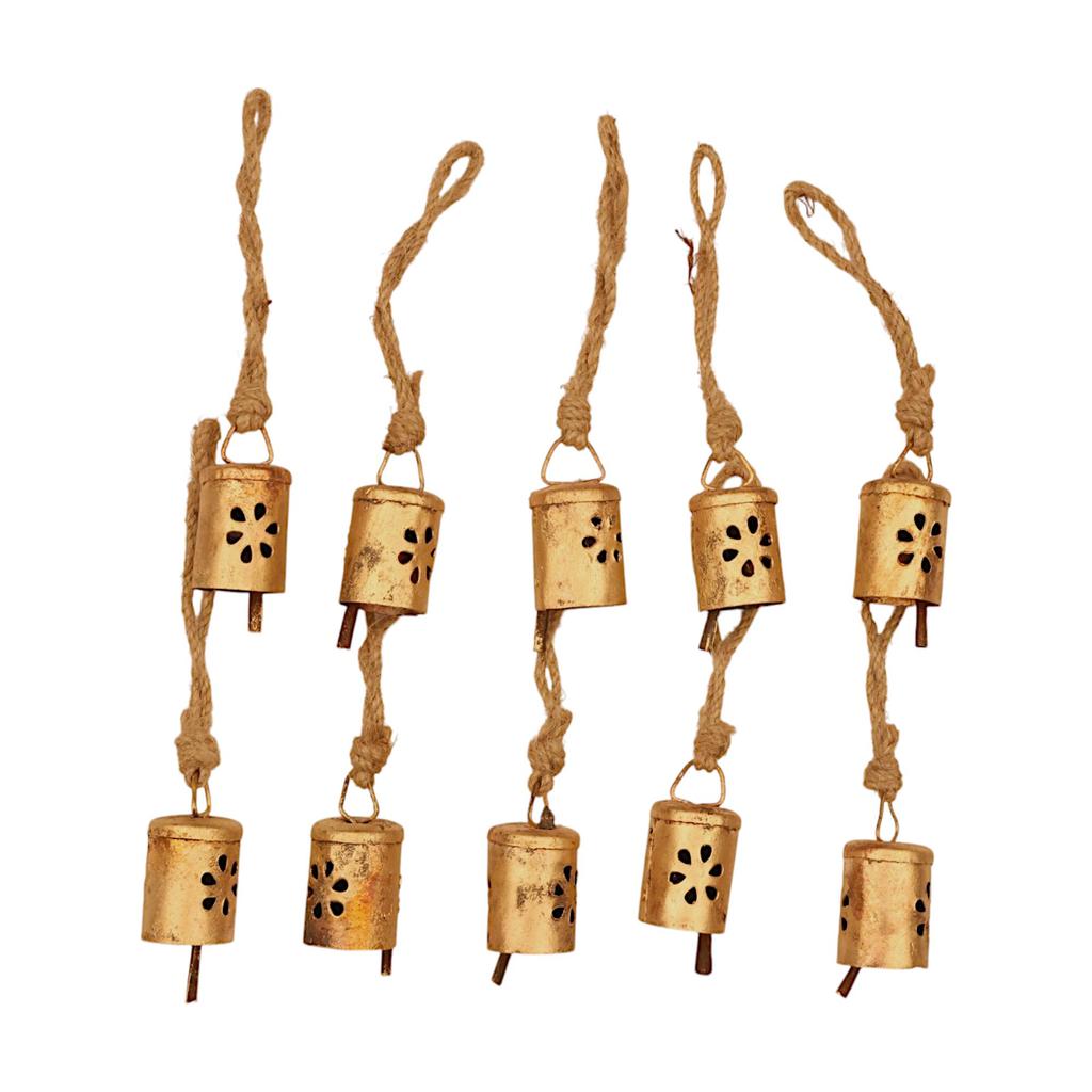 10 Pcs Rustic Gold Floral Cutout Bells with Rope, Handmade Vintage Wind Chimes for Porch, Farmhouse Christmas Tree Ornaments, Boho DIY Craft Supplies