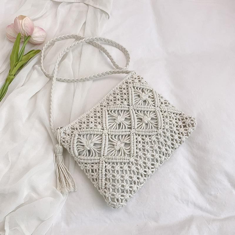 Sommer neue handgefertigte Baumwollseil Fransen gewebte Tasche Schulter Strohtasche lässig schräg Damenhandtasche
