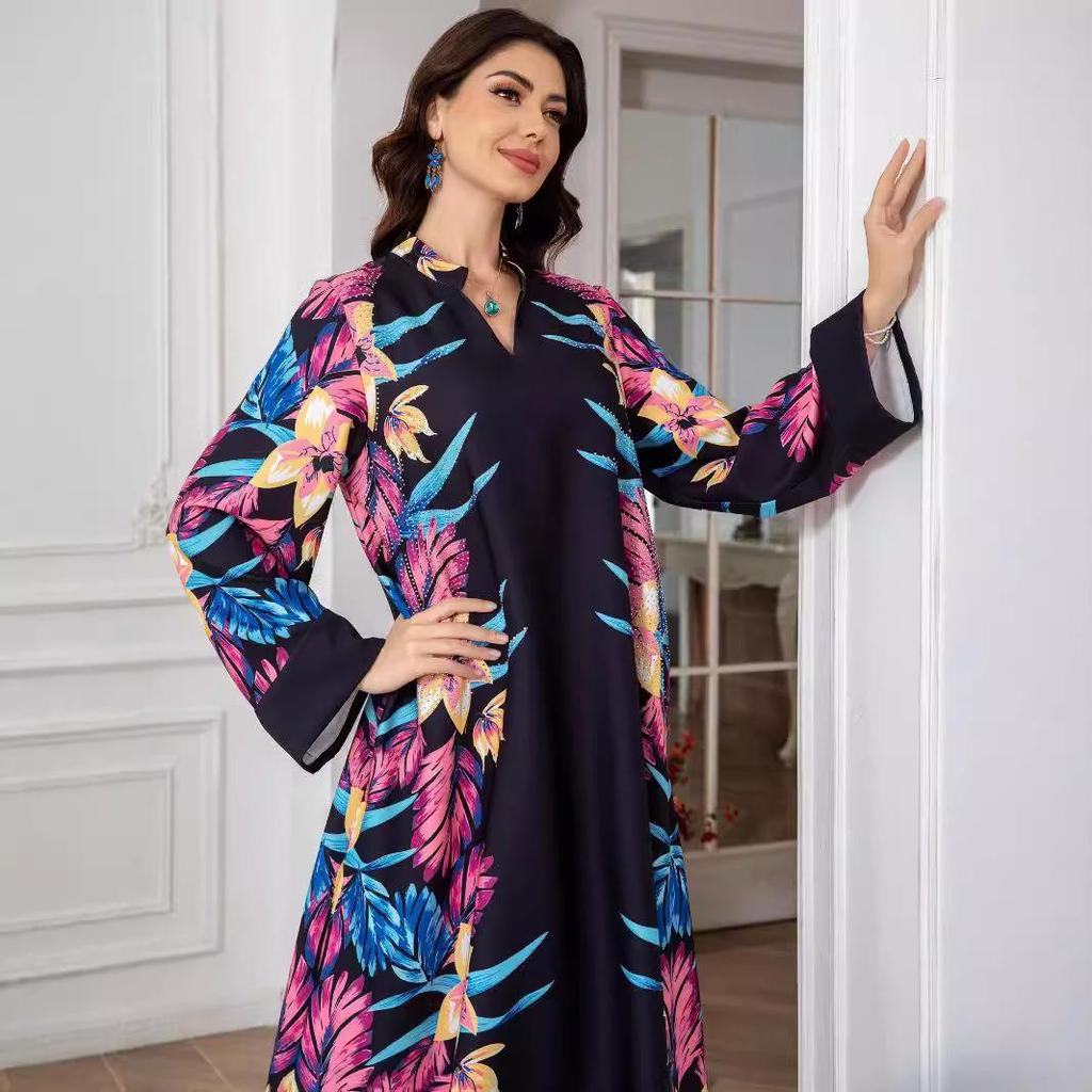 0808 Cross-Border Muslim Women's Printed Long Robe Dress - Middle East & Western Styles