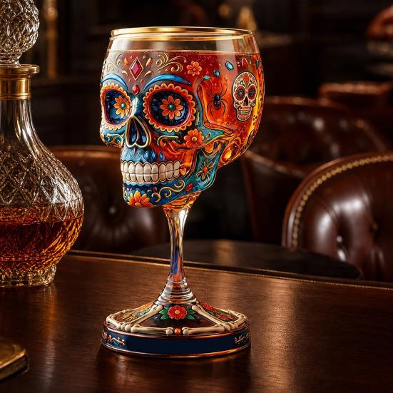 Gothic Skull Wine Glass, Hand Painted Skeleton Goblet, Day of The Dead Decor, Unique Bar Gift for Halloween