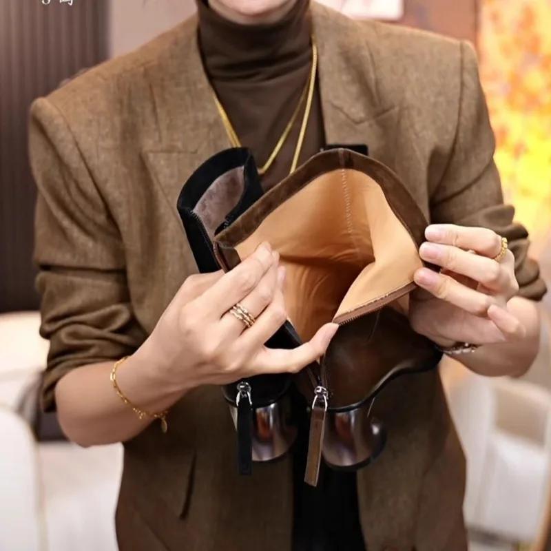 Dámské kotníkové boty se čtvercovou špičkou, módní boční zipy, chelsea kotníkové boty, retro styl, podzimní dámské boty na silném podpatku