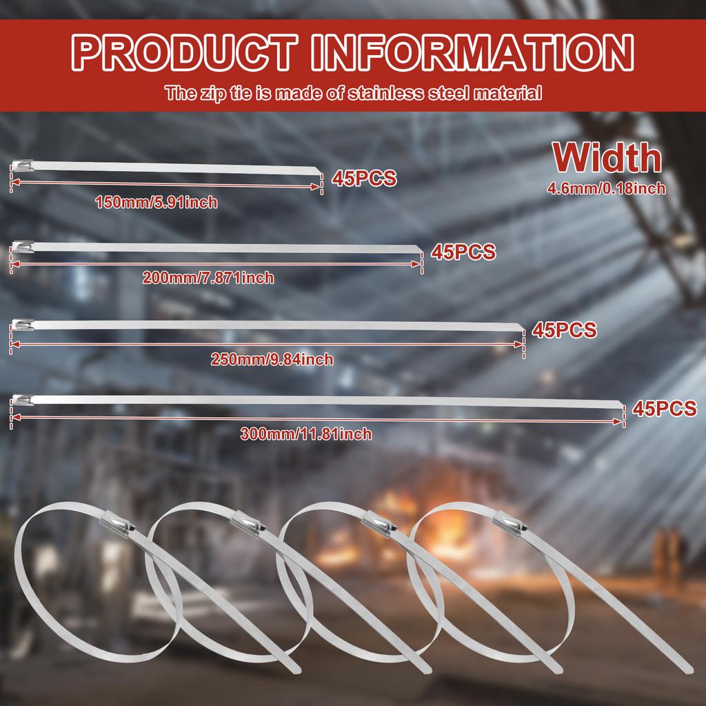 180 Pcs Cable Tie Plier Fastening Strap Cable Tie Stainless Steel Self-Locking Ties High Temperature Resistant Metal Hand Tools