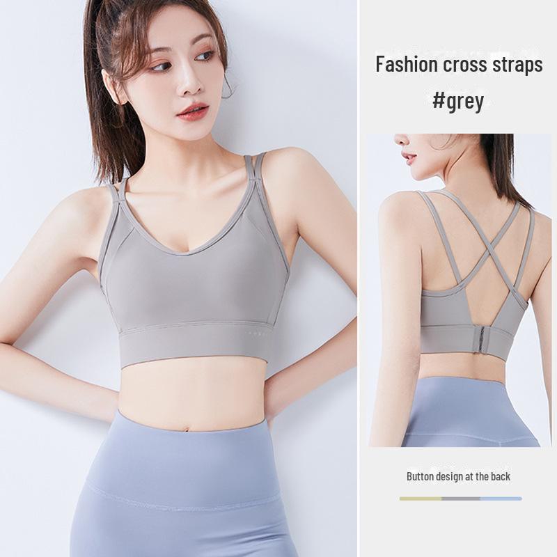 Juyitang V-Neck Padded Sports Bra with Cross-Shoulder Straps and Back Buckle for Yoga