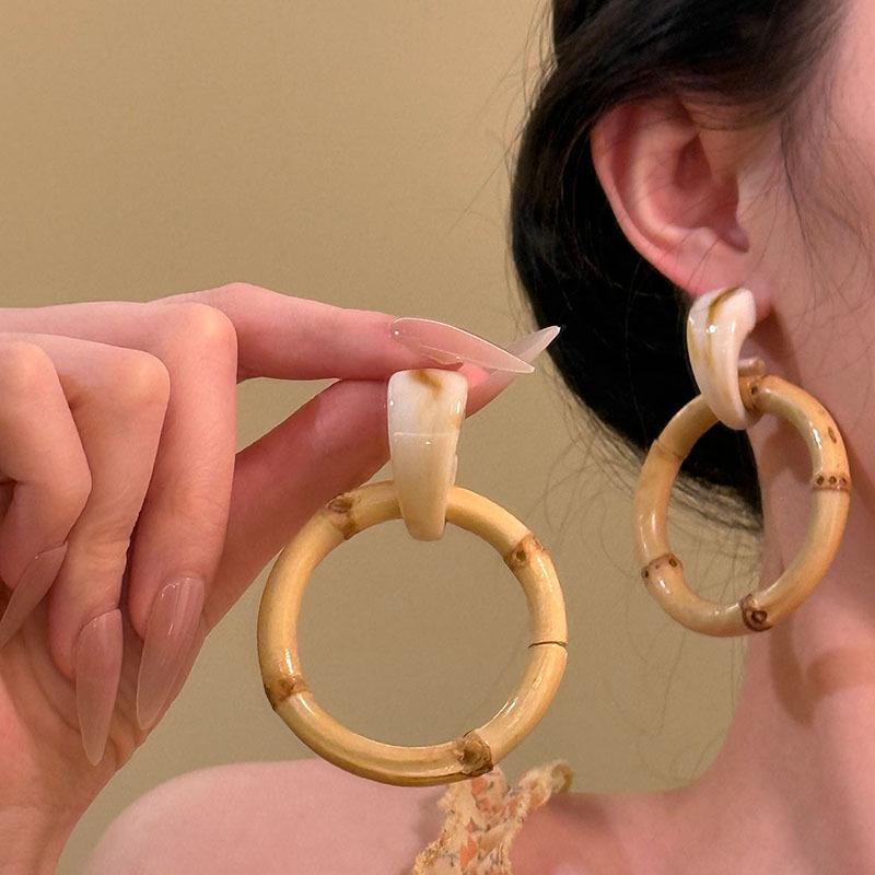 Silver Needle Resin Round Bamboo Earrings New Chinese Retro Simple Casual Earrings Niche Premium Earrings