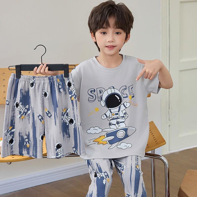Boys Cotton Short Sleeve 3-Piece Pajama Set Sleepwear Kids Teens Cartoon Print Lightweight Home Wear