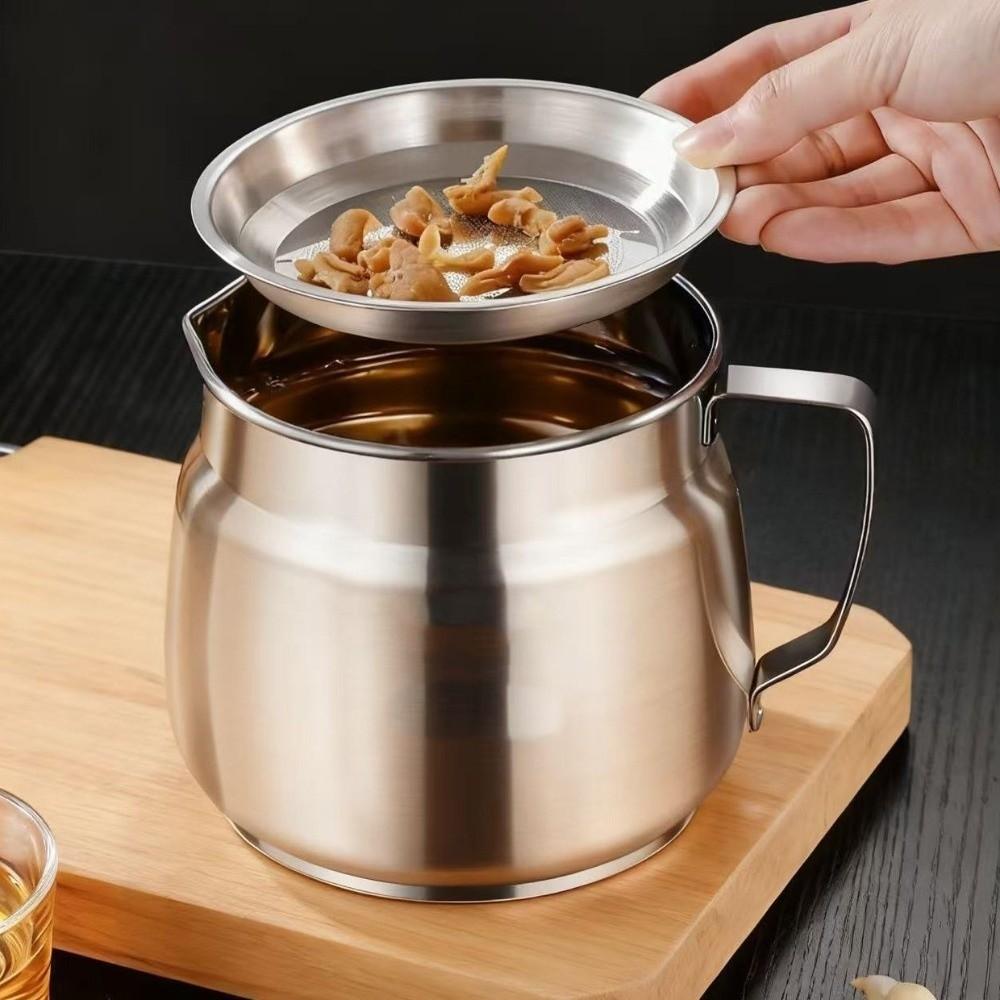 With Strainer Stainless Steel Oil Kettle 1.5/2L Grease Container Filter Oil Pitcher Deep Frying