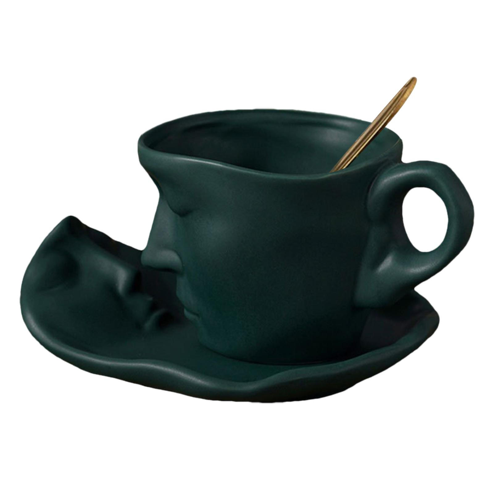 

Набор кружки и блюдца, 250 мл, термостойкая керамическая кофейная кружка с человеческим лицом и ложкой, матовая чашка в стиле ретро для украшения стола, кружка с тиснением для общежития, домашнего кафе green