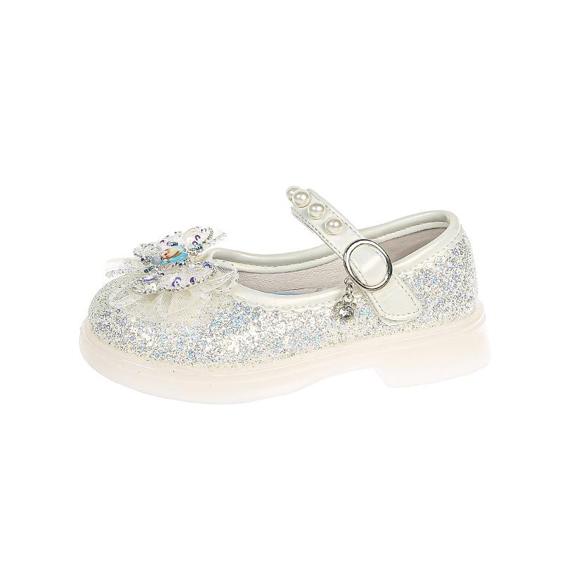 Girls' leather shoes with lights 2025 spring and autumn new children's bow rhinestone princess shoes baby girl soft sole single shoes tide